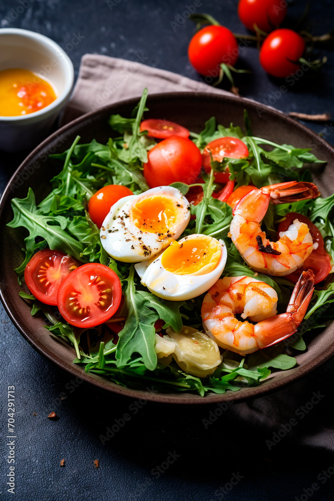 Salad with egg in a plate. Selective focus.