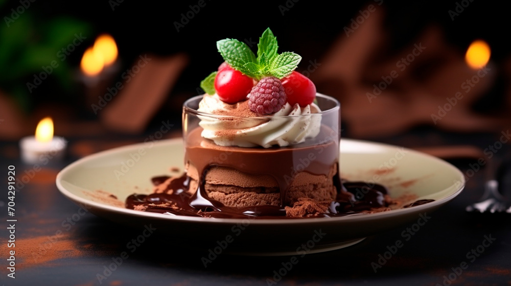 Chocolate mousse dessert on a plate in a glass. Selective focus. Chocolate mousse dessert on a plate in a glass. Selective focus.