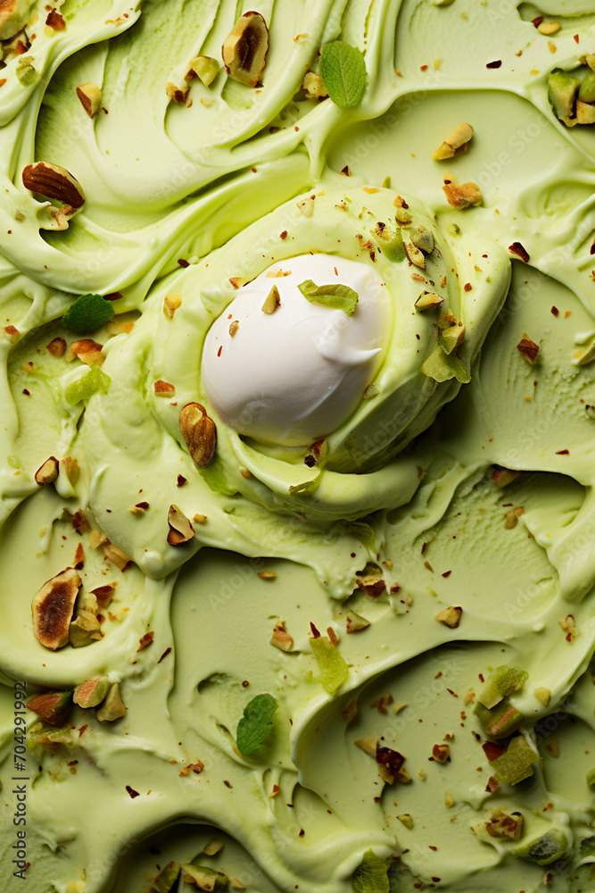 Fototapeta premium Pistachio ice cream with nuts. Selective focus.