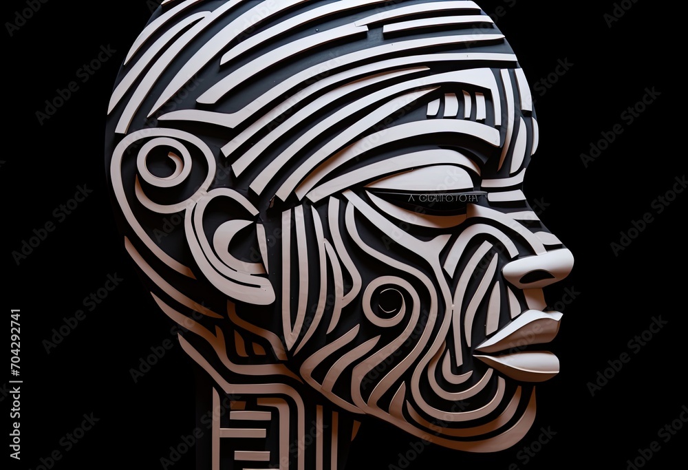 Artistic illustration featuring a woman in a black and white optical illusion with stripes.