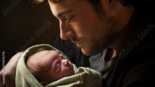 Close-up portrait of a happy smiling young dad with a newborn baby at home. Father's Day, family concept.