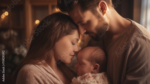 Close up of young happy parents holding and kissing their newborn baby indoors at home. Mother's Day, the birth of a child, family and joy concepts.