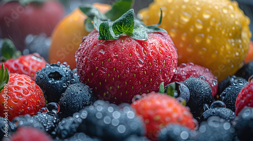 Summer fruits with water drops.