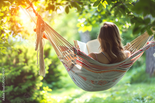 A relaxing scene of a woman sitting in a hammock outdoors reading a book, serene scene