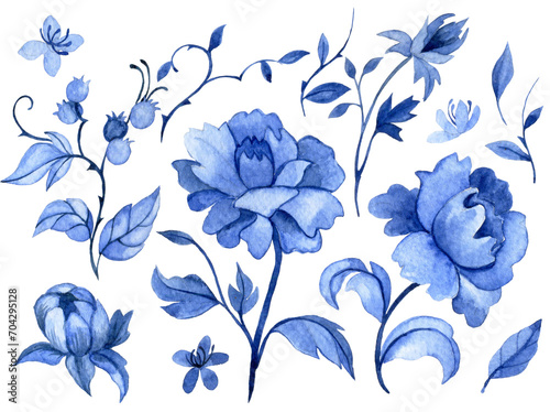 set of vintage blue flowers, watercolor drawing in vintage style.