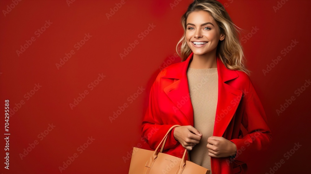 Young woman with shopping bags, solid red background. Young woman with shopping bags, solid red background.