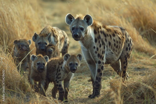 A heartwarming scene capturing the lively interactions within a hyena clan