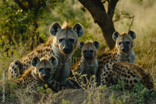 A heartwarming scene capturing the lively interactions within a hyena clan