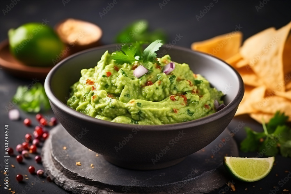 High angle tasty guacamole in bowl copy space concept Generate AI High angle tasty guacamole in bowl copy space concept Generate AI