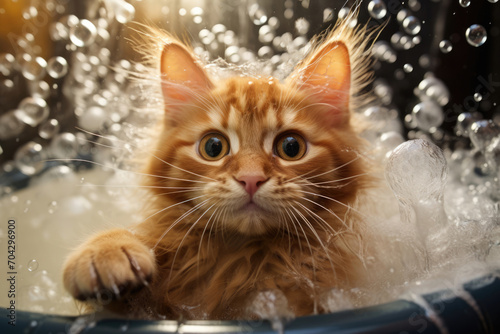 Funny kitten in soap bubbles in the bathroom