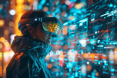 Metaverse technology concept. Woman with VR virtual reality goggles. Futuristic lifestyle. © Werckmeister