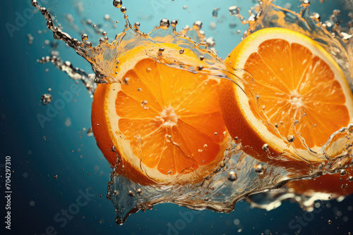 Cut oranges and splashing water