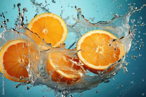 Juicy oranges fall with splashes into the water on a blue background