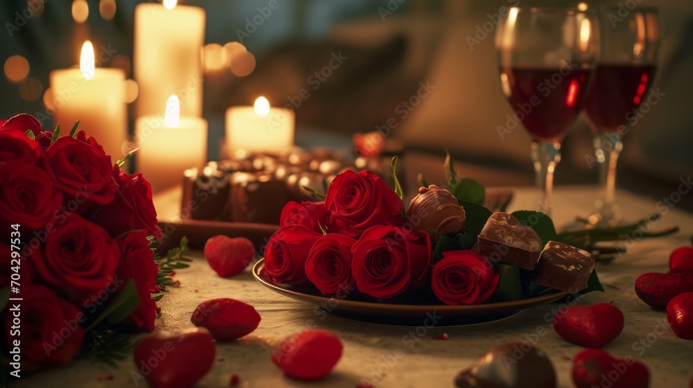 Valentine’s Day Romance: An intimate, romantic setting with red roses, heart-shaped chocolates, and soft candlelight for Valentine's Day. Valentine’s Day Romance: An intimate, romantic setting with red roses, heart-shaped chocolates, and soft candlelight for Valentine's Day.