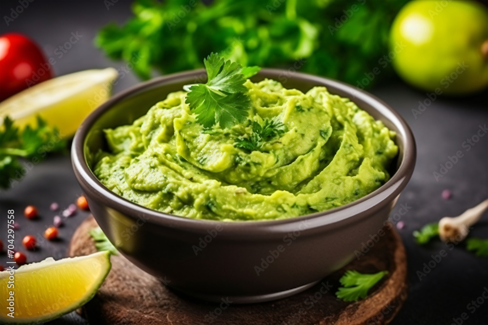High angle tasty guacamole in bowl copy space concept Generate AI High angle tasty guacamole in bowl copy space concept Generate AI