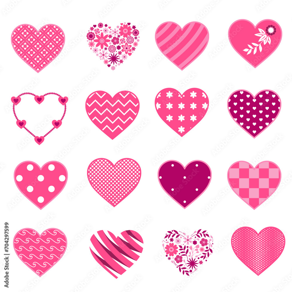 Set of pink hearts with different designs for Valentine's Day