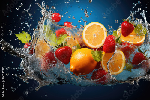 Fruits on blue background in water splash