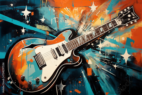 Abstract Painting of an Electric Guitar in Warm Orange and Blue Hues a Visual Sonata
