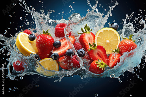Fruits fall into the water with splashes