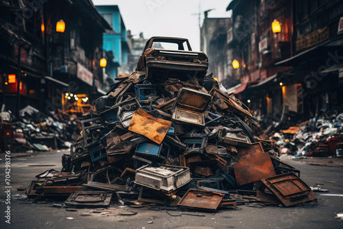 Stack of garbage, scrap metal in the warehouse photo