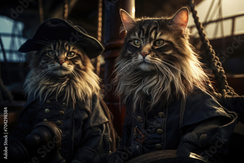 Cats in pirate costumes on a ship
