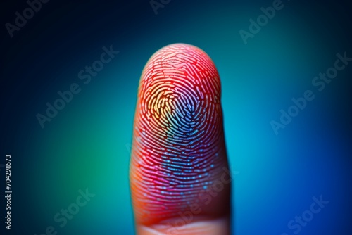 colorful fingerprint leaning on control glass for biometric scan. concept of surveillance and security through human fingerprints in the future of digital technology. photo