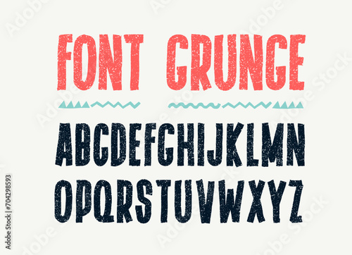 Grunge font alphabet with capital letters. Black dirty textured. Typographic distressed font with dry brush strokes. Uppercase letters. Hand drawn vector design characters with a rough inked texture.