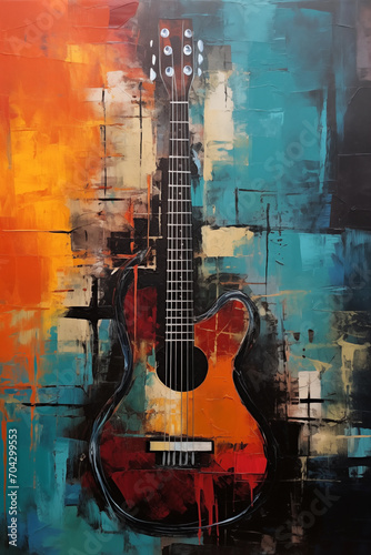 Guitar Portrait on Multilayered Canvas Dark Red and Cyan Palette Mural Elegance with Decorative Artistry