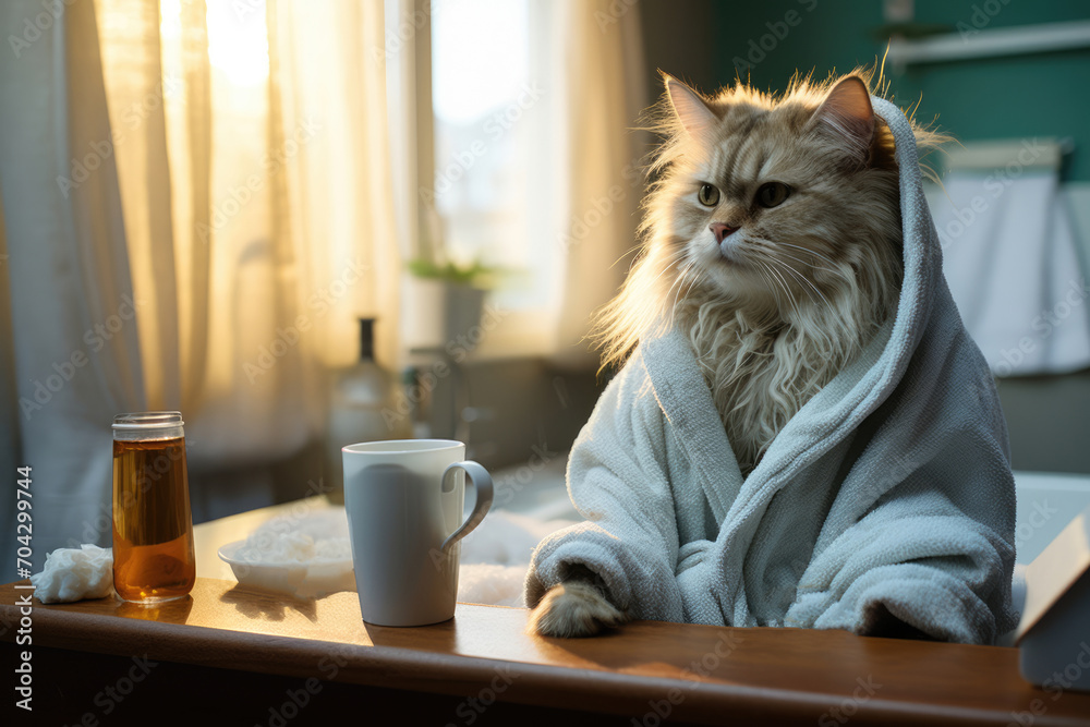 Arrogant pet cat in a bathrobe after a shower - obrazy, fototapety, plakaty 