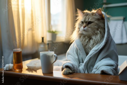 Arrogant pet cat in a bathrobe after a shower