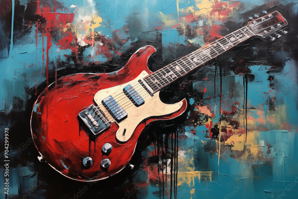 Guitar Portrait on Multilayered Canvas Dark Red and Cyan Palette Mural Elegance with Decorative Artistry