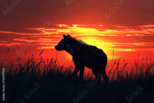 A hyena against the backdrop of a vibrant sunset