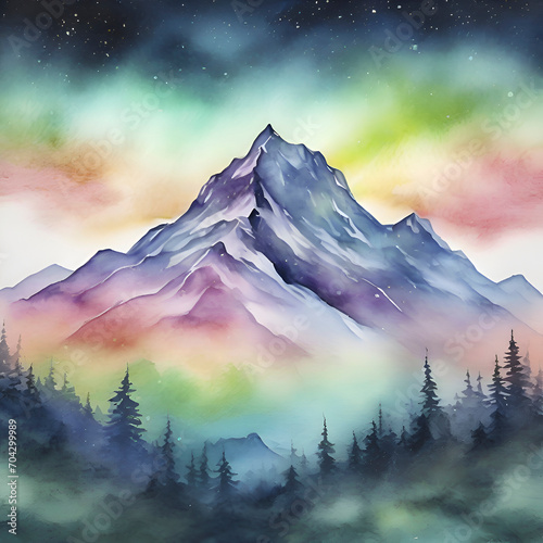 Φωτογραφία Watercolor of Aurora over the Mountain painting with Rubbing Alcohol technique