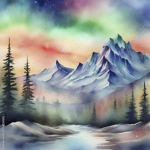 Φωτογραφία Watercolor of Aurora over the Mountain painting with Rubbing Alcohol technique
