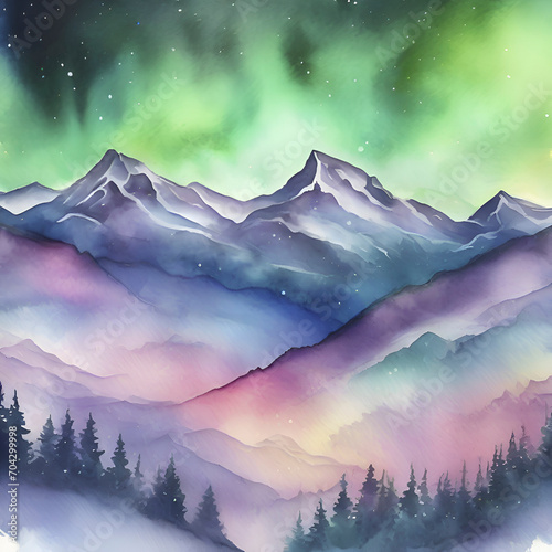 Εκτύπωση καμβά Watercolor of Aurora over the Mountain painting with Rubbing Alcohol technique