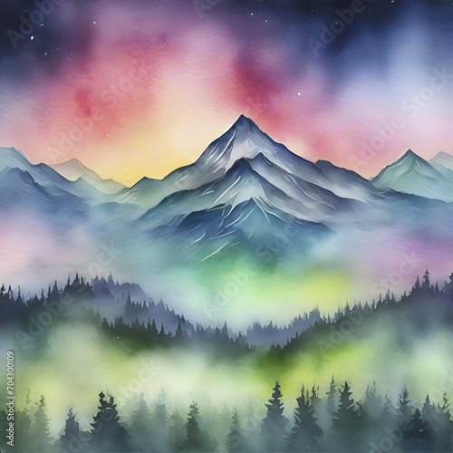 Watercolor of Aurora over the Mountain painting with Rubbing Alcohol technique.  photo