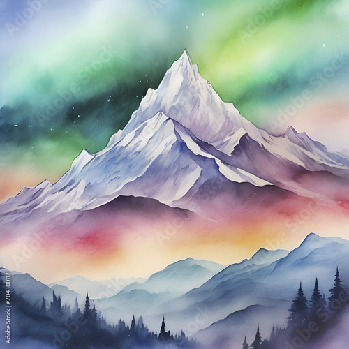 Εκτύπωση καμβά Watercolor of Aurora over the Mountain painting with Rubbing Alcohol technique