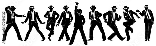 Silhouettes Set of Dancing Men in classic suits and hats. Vector cliparts isolated on white.