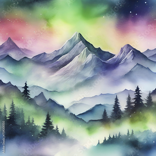 Φωτογραφία Watercolor of Aurora over the Mountain painting with Rubbing Alcohol technique