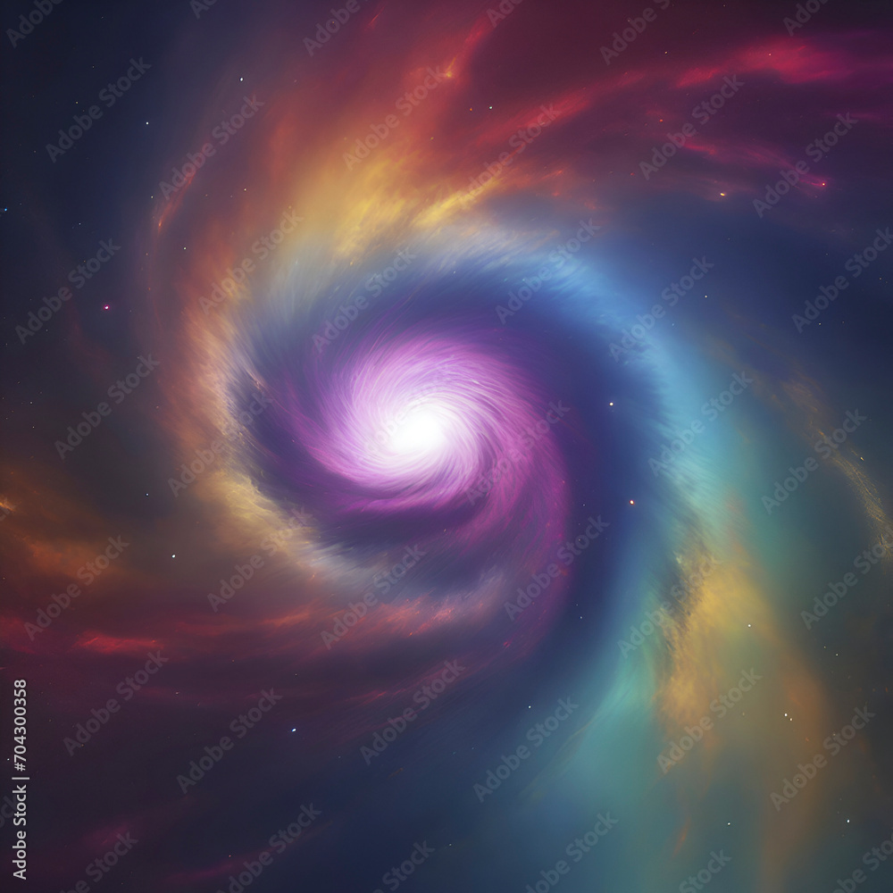 Swirling nebula and the black hole in the middle of a rainbow galaxy. 