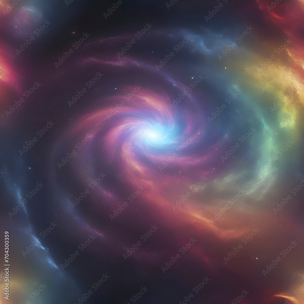 Swirling nebula and the black hole in the middle of a rainbow galaxy. 