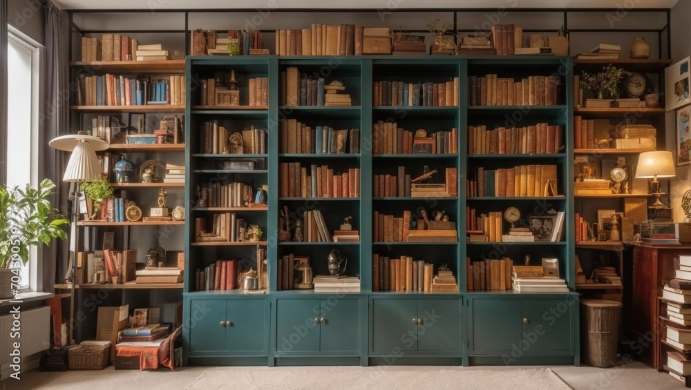 photo of an office room in a classic style with a large bookcase made by AI generative - obrazy, fototapety, plakaty 