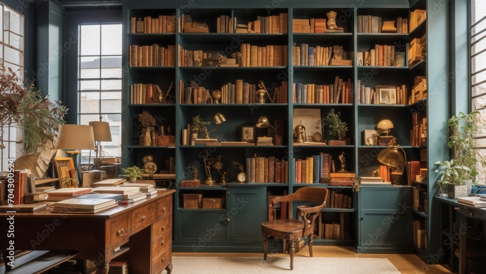 photo of an office room in a classic style with a large bookcase made by AI generative photo of an office room in a classic style with a large bookcase made by AI generative