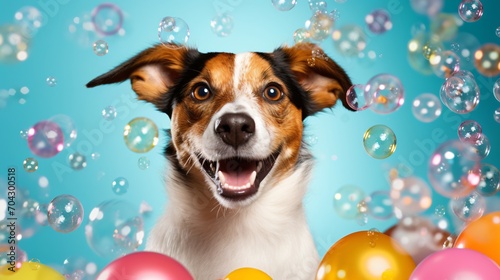 Satisfied dog on a colored background among soap bubbles.Bright dog on a bright background
