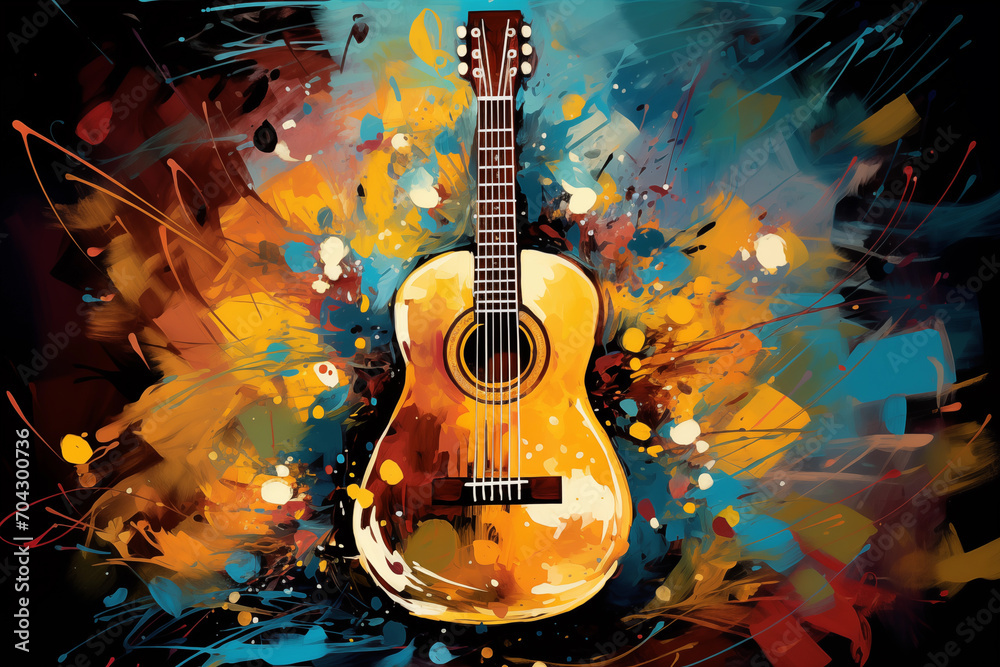 Obraz premium Acoustic Guitar Splatter Painting Stage Backdrop Elegance in Dark Cyan and Light Brown Hues