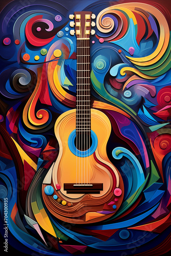 Acoustic Guitar Painting with Abstract Flair Large Canvas Colorful Fantasy Design