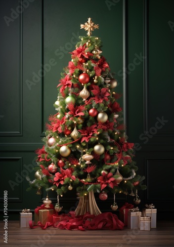 Ornate Christmas tree with red and gold decorations