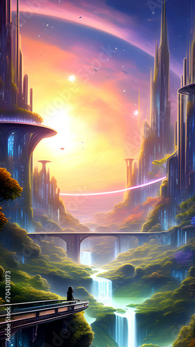 Advanced futuristic city situated beside the nature