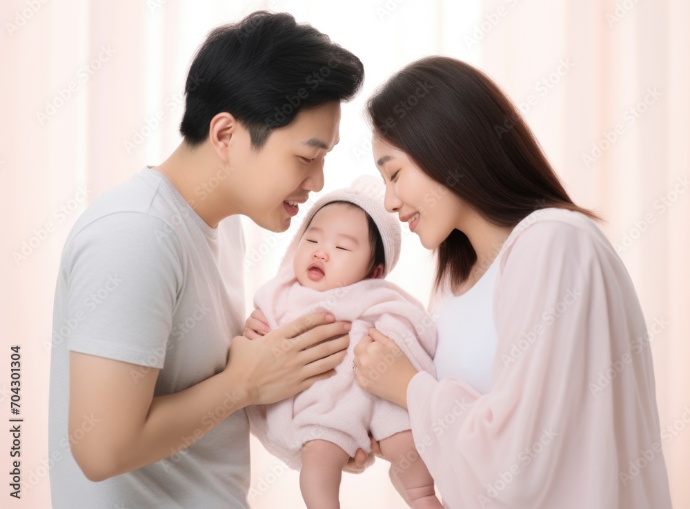 Parents holding newborn baby in arms, Peaceful young married couple enjoying being family Parents holding newborn baby in arms, Peaceful young married couple enjoying being family