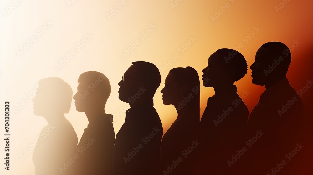 Silhouette Profile of Diverse Men and Women, Illustrating the Global Concept of Unity in Diversity, Teamwork, and Multicultural Harmony in a Connected World